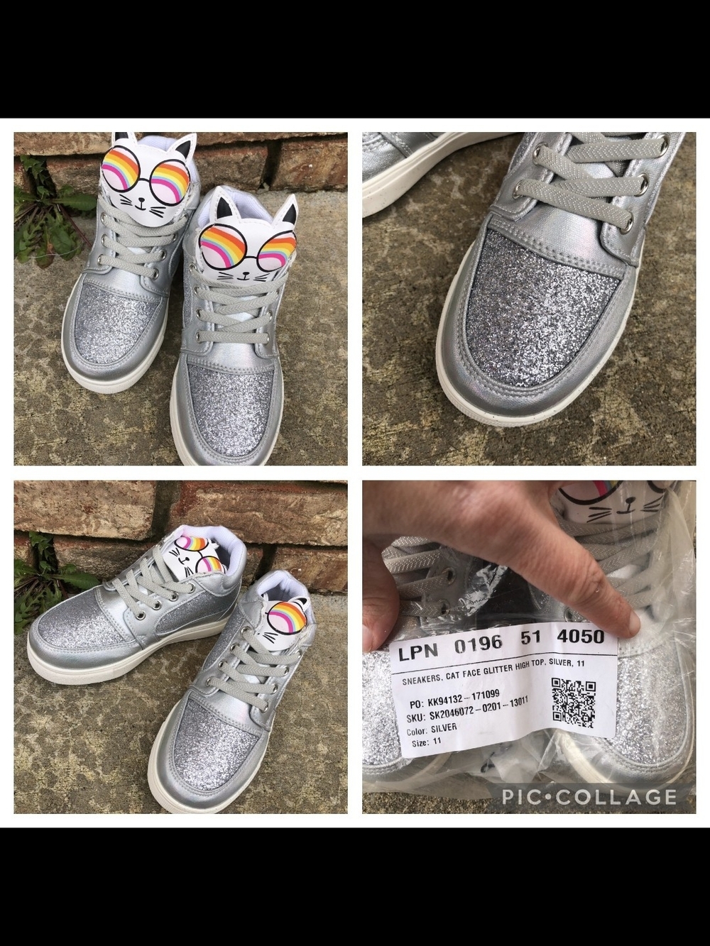 New Girl’s Sparkly Silver Cat Sneaker High Top Shoes, size 11